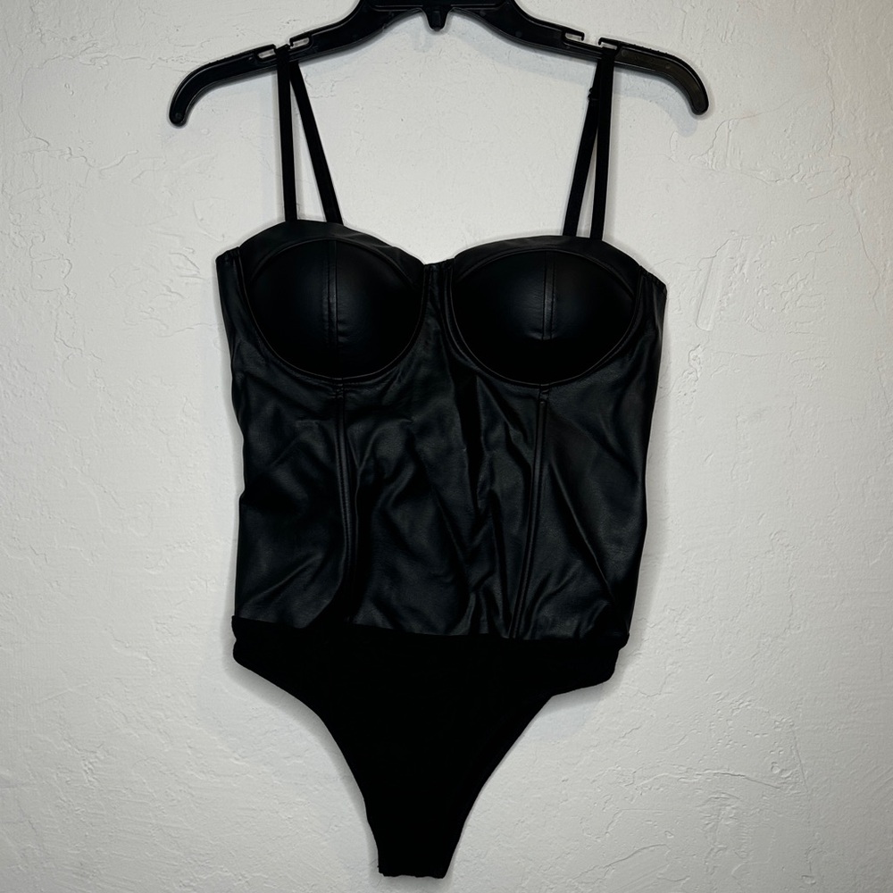 Say What? Black Faux Leather Bustier Bodysuit